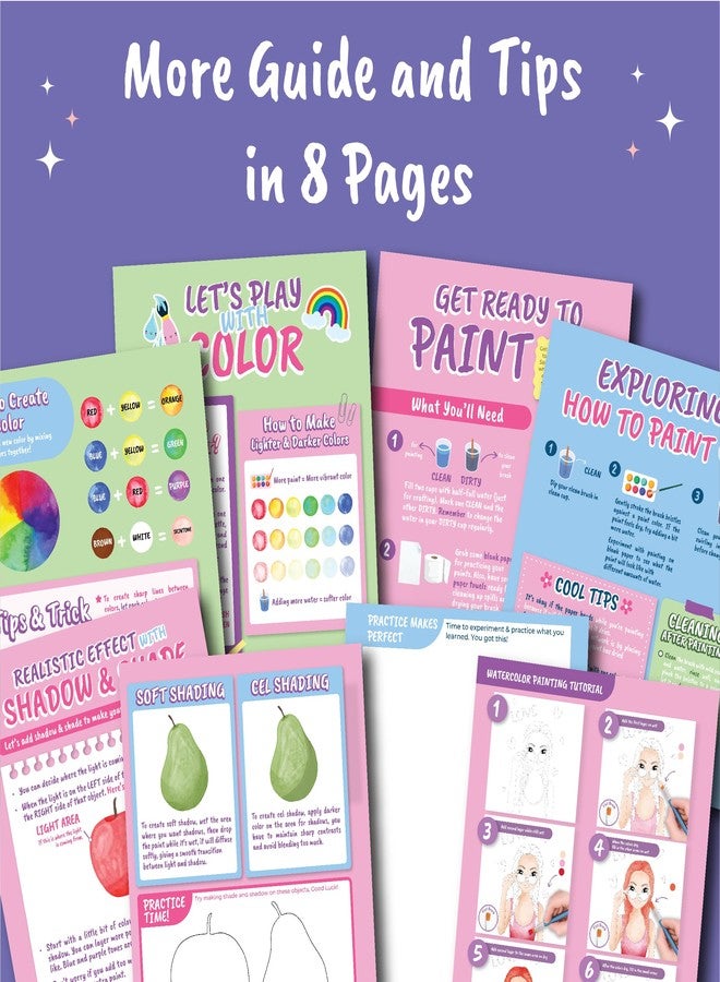 BSCOOL Water Coloring Book for Beginners - Painting Kits for Kids Ages 5 and up. Watercolor Book with 12 Paint Palettes, 1 Brush, and Guides. Fashion Painting for Girls with 15 Pre-Drawn Models. - Image 4